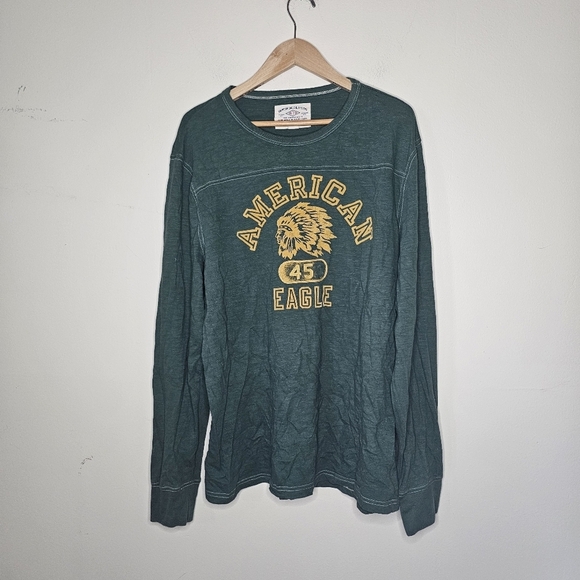 American Eagle Long Sleeved Green Indian Graphic Shirt Size Large - Picture 2 of 8